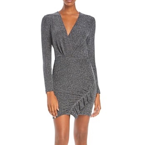 IRO Noize Ruffled Wrap Effect Metallic Silver Black Rib Knit Mini Party Dress 34 - Picture 2 of 14